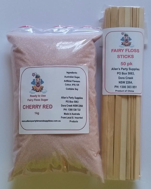 Fairy Floss Sugar & Sticks 50 Serve Kit, Cherry Red, Fairy Floss Machine,