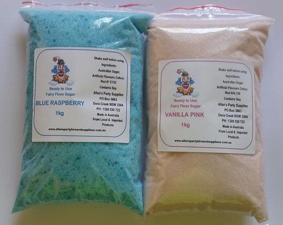 Fairy Floss Vanilla Pink & Blue Raspberry Sugar Pre Mixed, 2 x 1kg