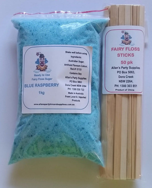 Fairy Floss Sugar & Sticks 50 Serve Kit, Blue Raspberry, Fairy Floss Machine,