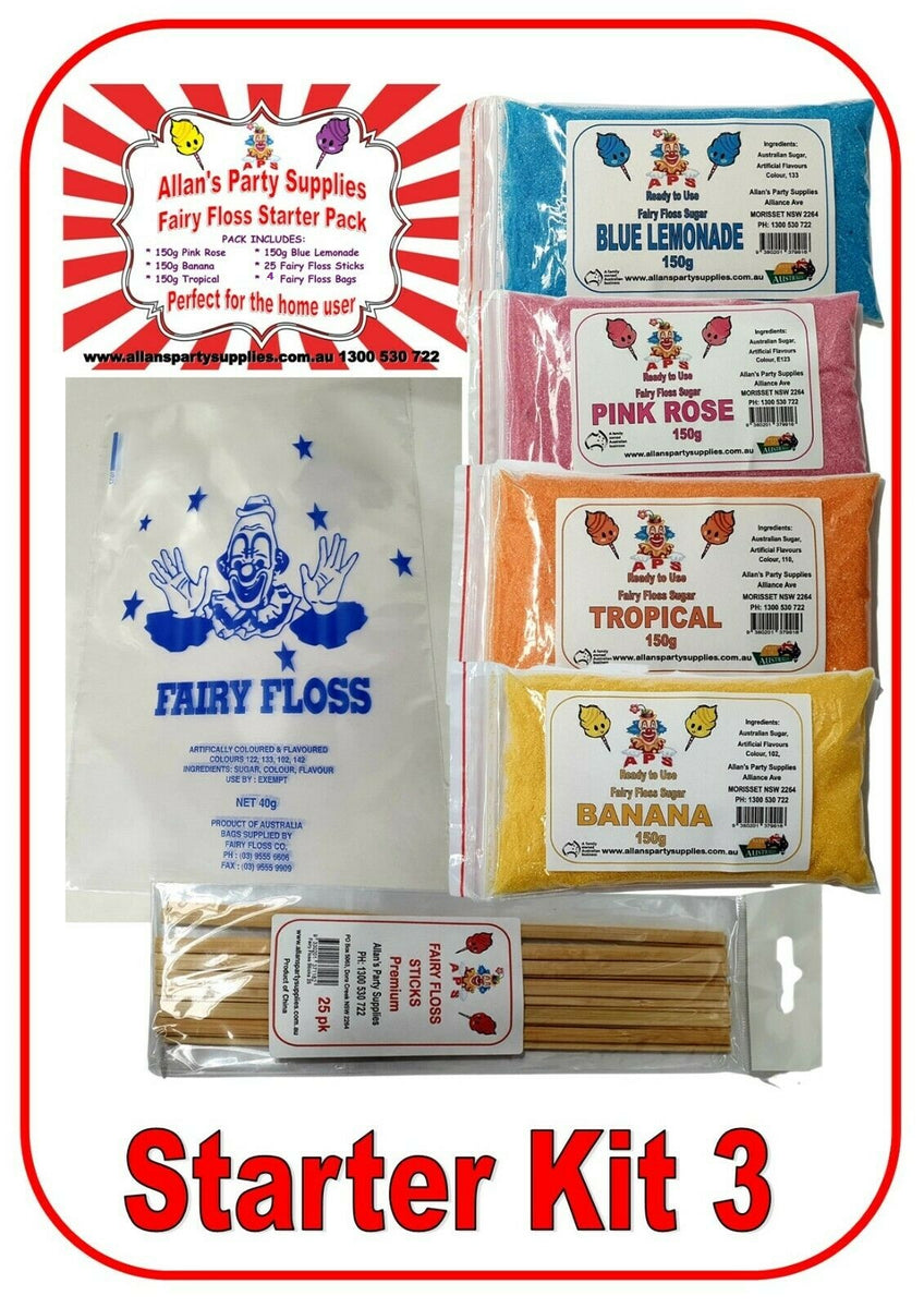 Fairy Floss Starter Kits, Fairy Floss Sugar 4 Flavours, Sticks, Fairy