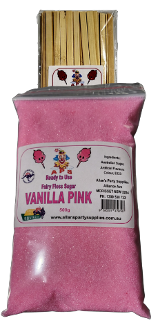 EXPRESS POST Fairy Floss 500g Sugar & 25 Sticks Serve Kit, Vanilla Pink