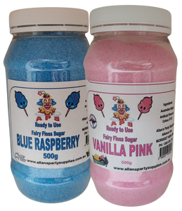 #2 APS, Premium Fairy Floss Sugar, Vanilla Pink & Blue Raspberry RTU, 2 x 500g Jars,