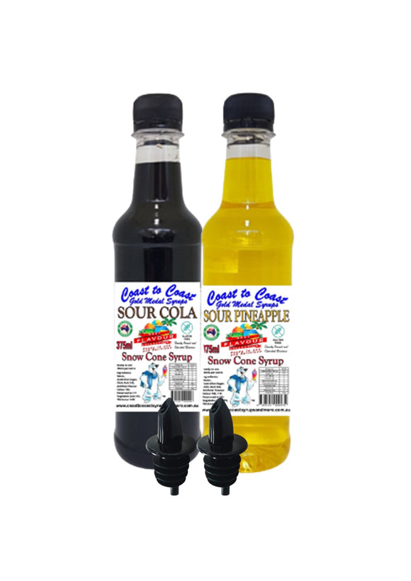 #2 New Sour Range, Coast to Coast Gold Medal Syrups, 2x375ml Premium Sour Snow Cone Syrup with pourers