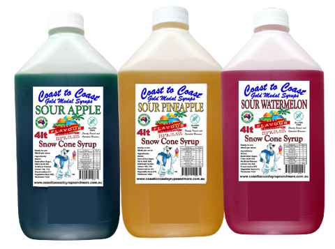 #6 New Sour Range, Coast to Coast Gold Medal Syrups, 3X4LTR, Premium Sour Snow Cone Syrups.