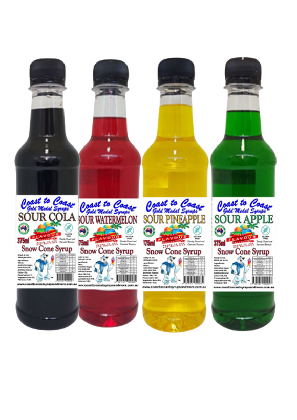#2 New Sour Range, Coast to Coast Gold Medal Syrups, 4x375ml Sour Snow Cone Syrups
