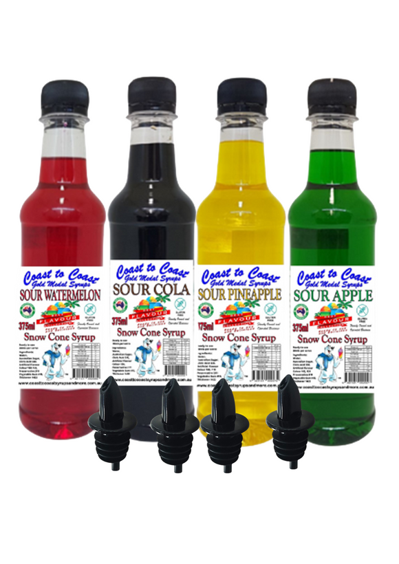 #2 New Sour Range, Coast to Coast Gold Medal Syrups, 4x375ml Snow Cone Syrups with Bottle Pourers