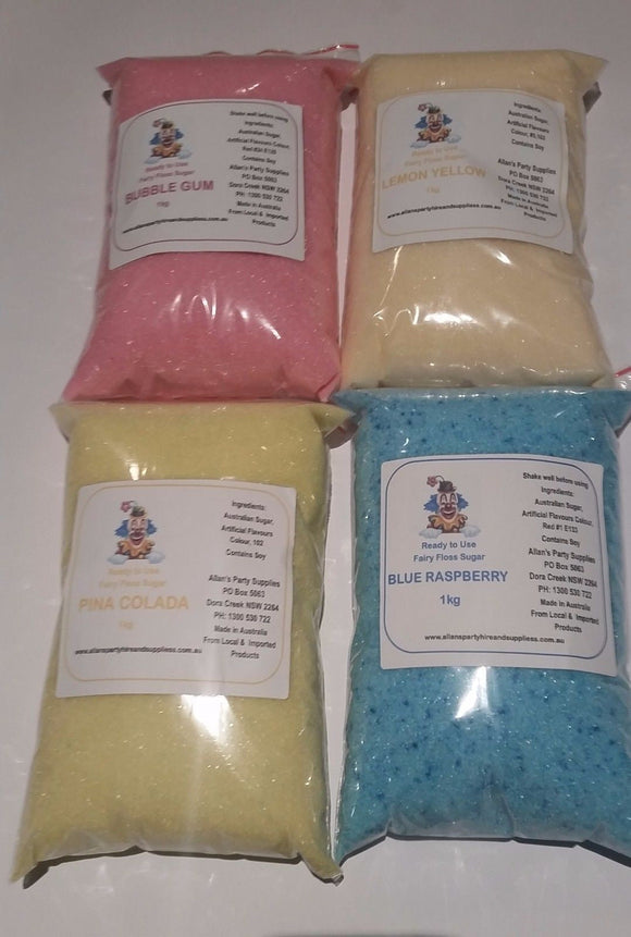 Express Post Pack Fairy Floss Sugar Pre Mixed, 4 x 1kg 200 Serves 4 Flavours