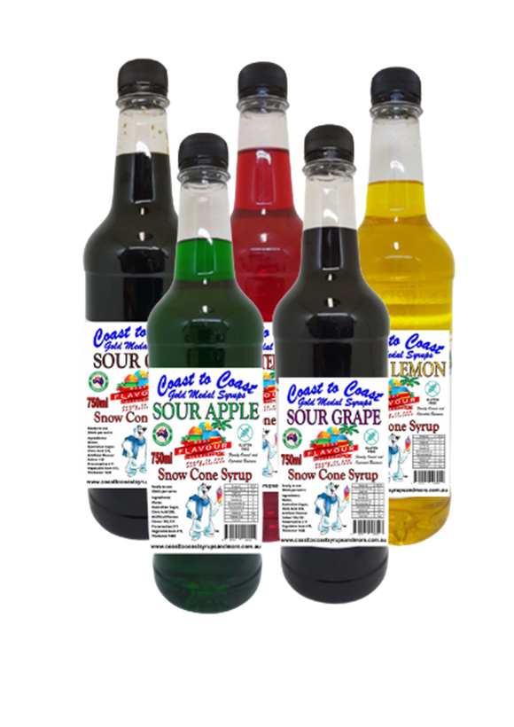 #3 New Sour Range, Coast to Coast Gold Medal Syrups, Sour Flavoured Snow Cone Syrups 5 x 750ml