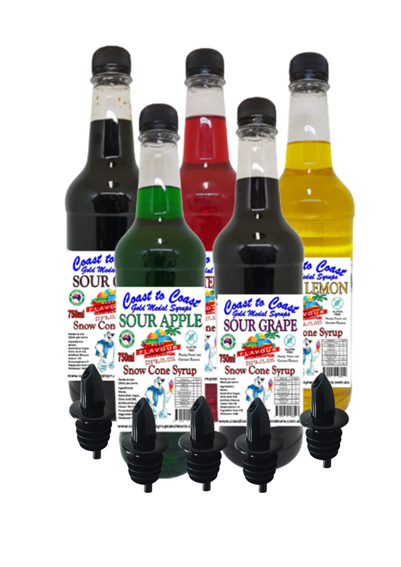 #3 New Sour Range, Coast to Coast Gold Medal Syrups, Sour 5 x 750 ml Snow Cone Syrup Assorted Flavours With Pourers