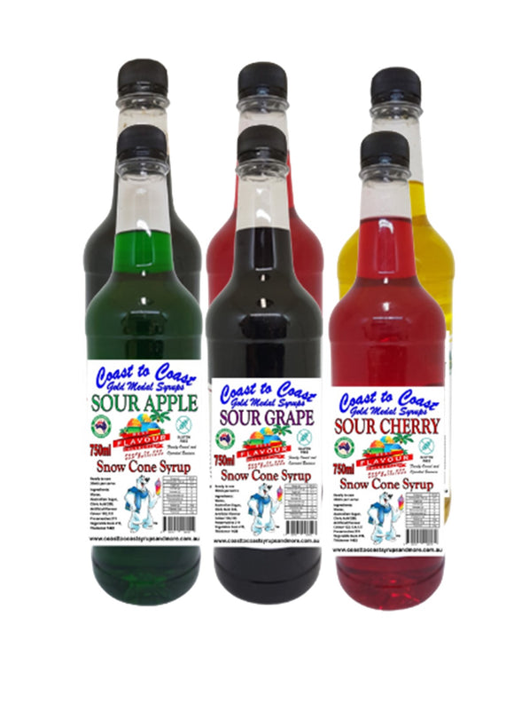 #3 New Sour Range, Coast to Coast Gold Medal Syrups, Sour 6 x 750 ml Snow Cone Syrup Assorted Flavours