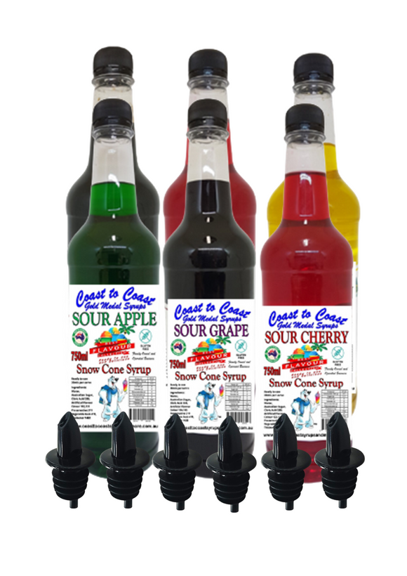 #3 New Sour Range, Coast to Coast Gold Medal Syrups, Sour 6 x 750 ml Snow Cone Syrup Assorted Flavours With Pourers