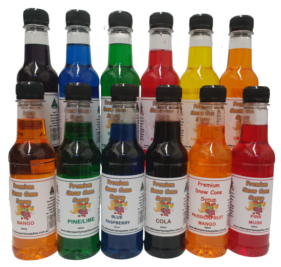 12 x 250ml, Snow Cone Syrups, Ready to Use, Shaved Ice, FREE POSTAGE,