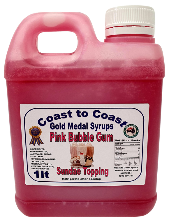 Gold Medal Pink Bubble Gum Flavoured Milkshake Syrup, 1L Thickshake, Sundae, Topping