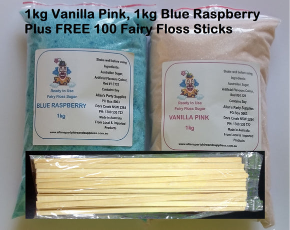 Fairy Floss  Sugar 2 x 1kg Plus 100 STICKS Free Delivery