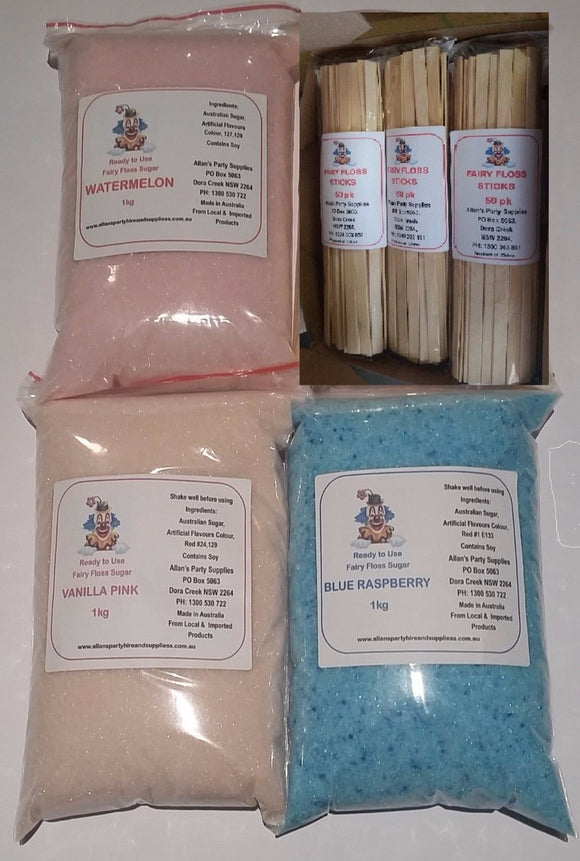 Fairy Floss Ready To Use Sugar 3 x 1kg Plus 150 STICKS Assorted Flavours
