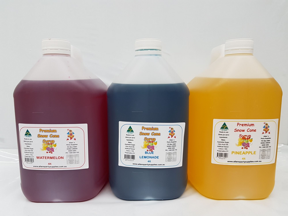 3 X 4LTR BOTTLES ASSORTED FLAVOURS, PREMIUM SNOW CONE SYRUPS