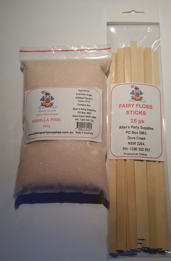 Fairy Floss Sugar & Sticks 25 Serve Kit, Vanilla Pink, Fairy Floss Machine,