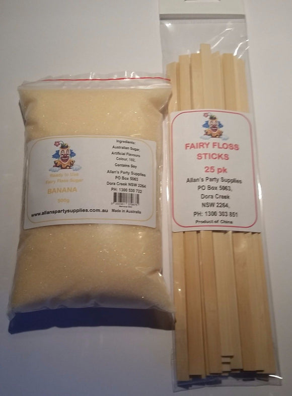 Fairy Floss 500g Sugar & 25 Sticks Serve Kit, Banana,Fairy Floss Machine,