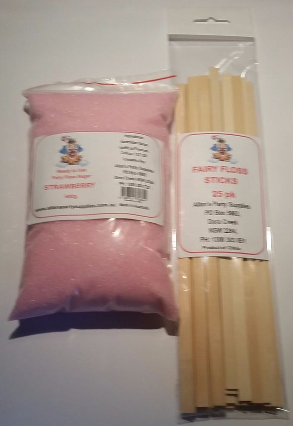 Fairy Floss 500g Sugar & 25 Sticks Serve Kit, Strawberry,Fairy Floss Machine,