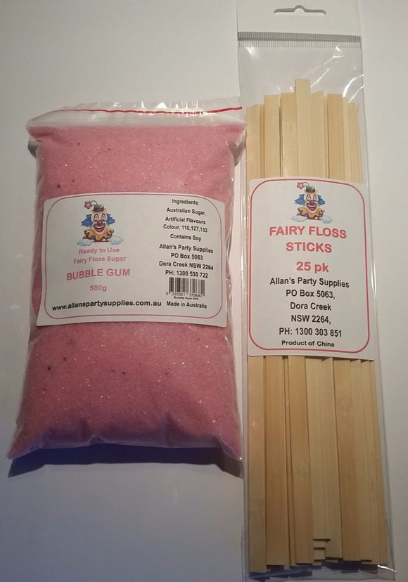 Fairy Floss 500g Sugar & 25 Sticks Serve Kit, Bubble Gum,Fairy Floss Machine,