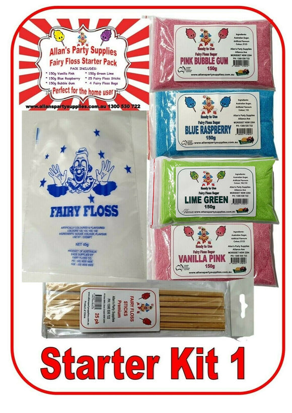 Fairy Floss Starter Kits, Fairy Floss Sugar 4 Flavours, Sticks, Fairy Floss Bags